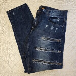Copper Rivet Jeans Mens 40x34 Blue Straight Distressed Zipper Detail Biker Moto